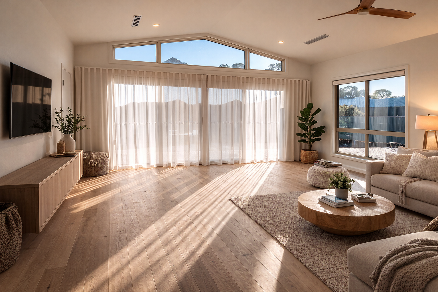 Floor to ceiling white sheer curtains in a spacious modern living room