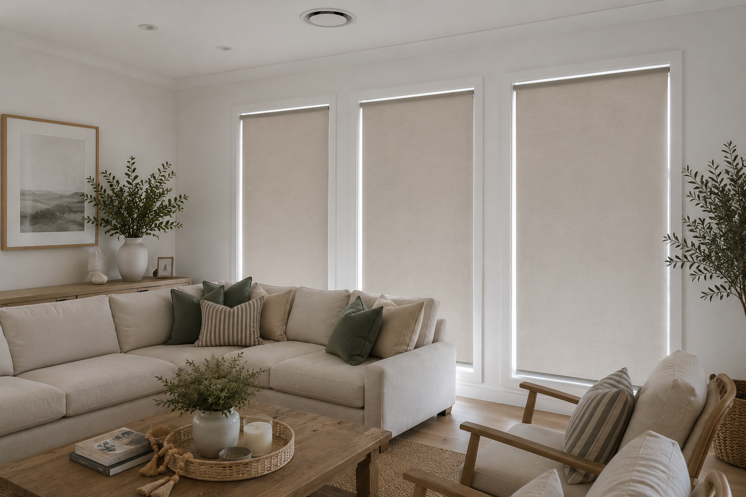 Modern indoor beige roller blinds fitted on large living room windows