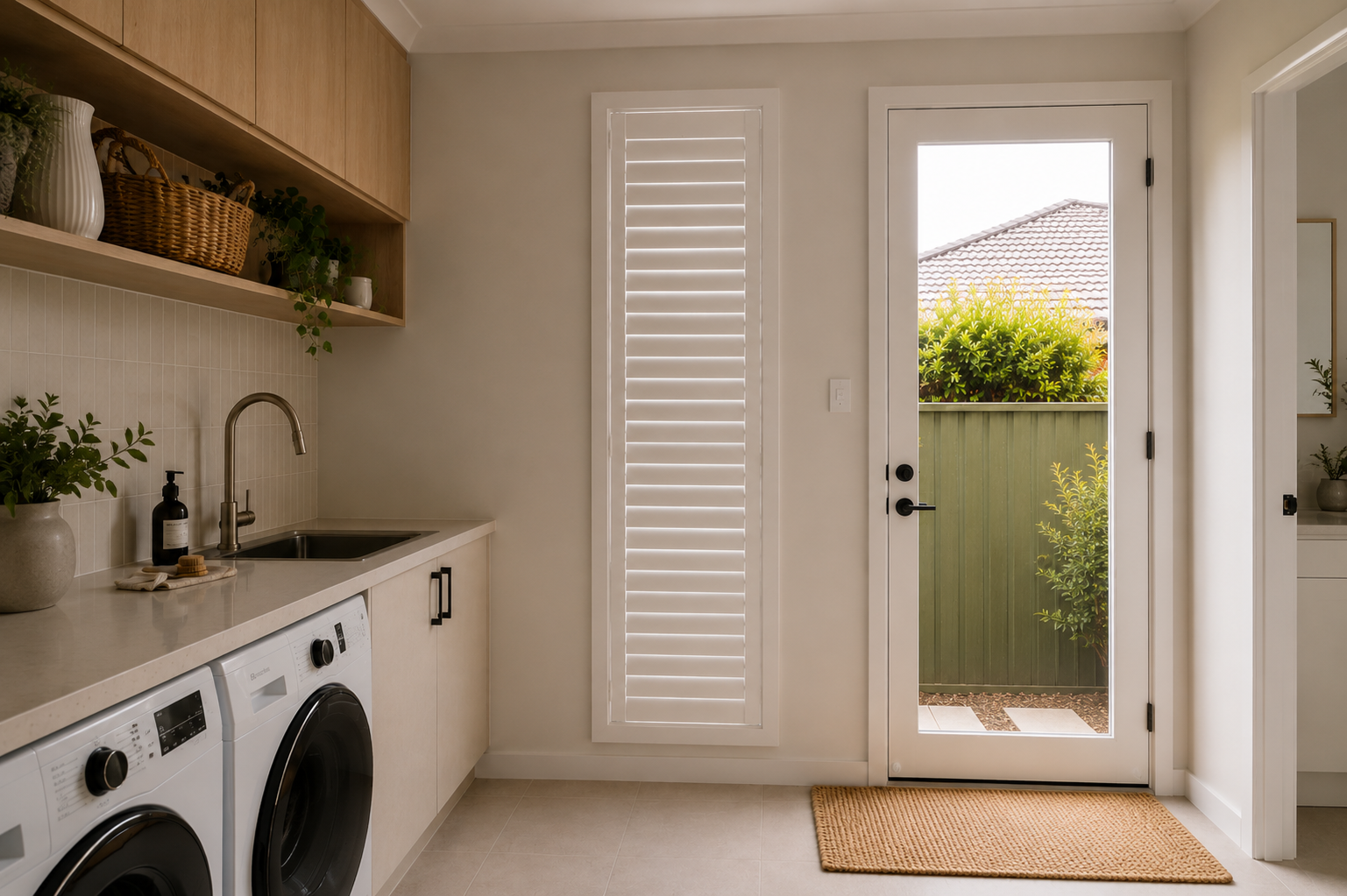 Custom white plantation shutters installed on laundry room window by The Premium Blind