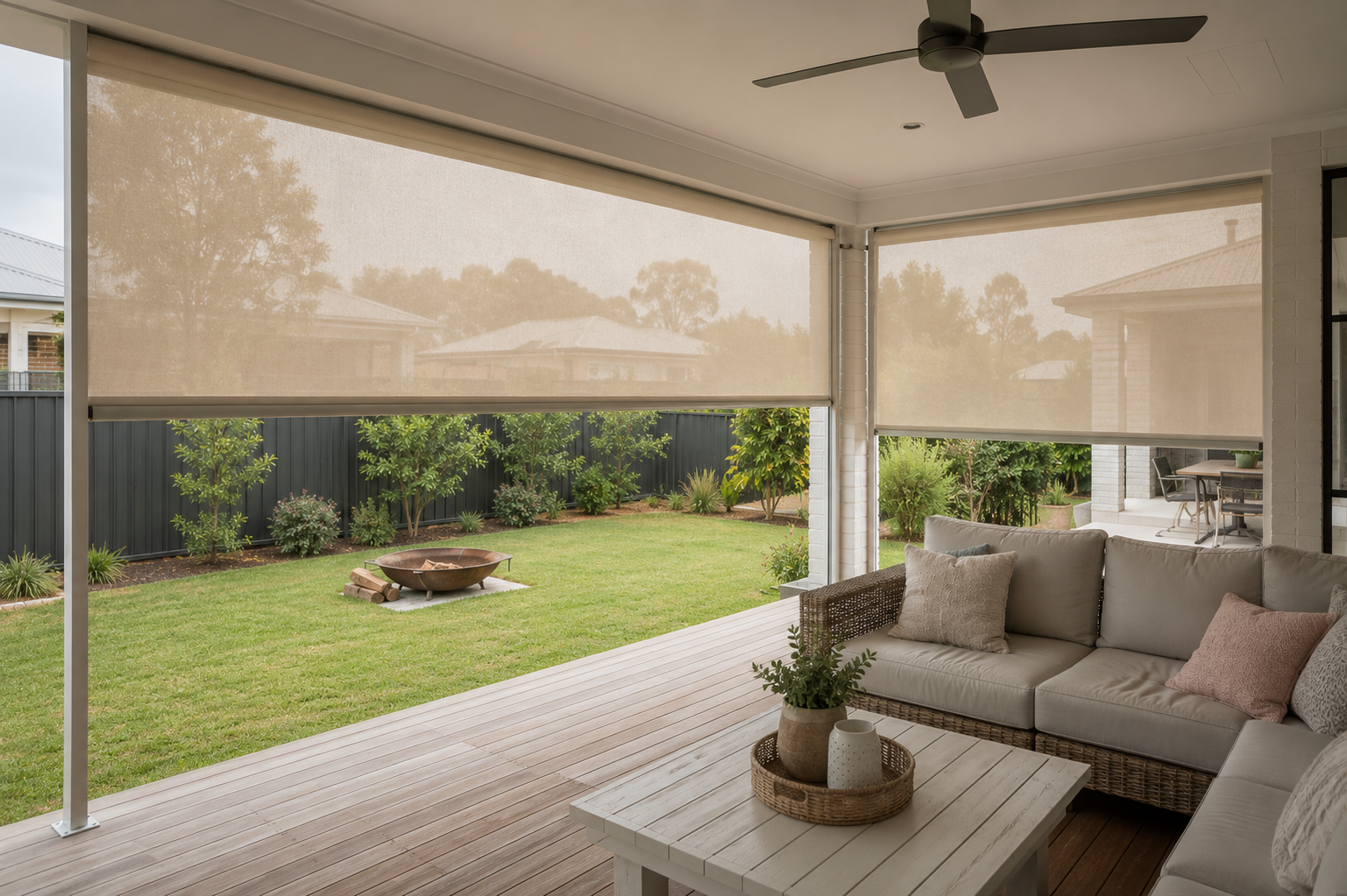 Outdoor zip screen blinds installed on patio for sun protection