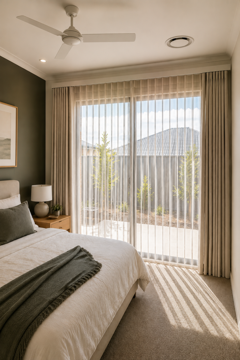 Floor-to-ceiling sheer curtains fitted on bedroom sliding door
