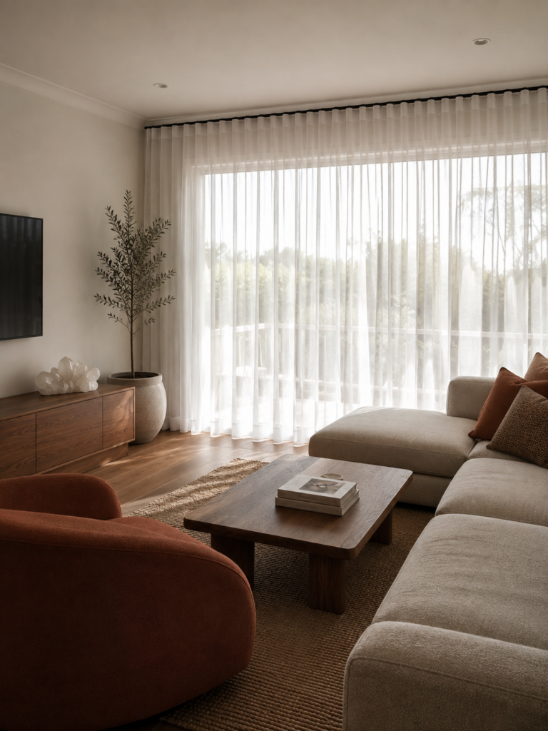 White sheer curtains fitted in modern living room setup