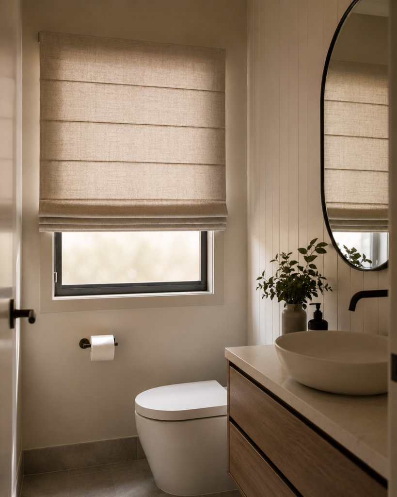 Custom beige Roman blind installed on small window in modern bathroom